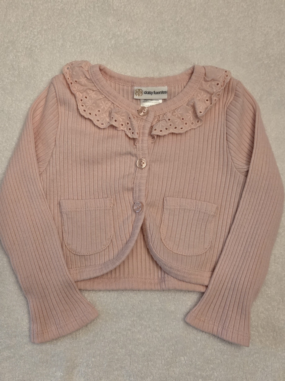 Daisy Fuentes Soft Pink Ribbed Cardigan with Eyelet Ruffle Collar NWOT